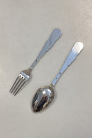 Dansk Gaffel og Ske sæt Sølv 830s med Uglemotiv