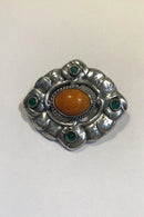 Danish Silver Grann and Laglye Brooch with Amber and Chrysopras
