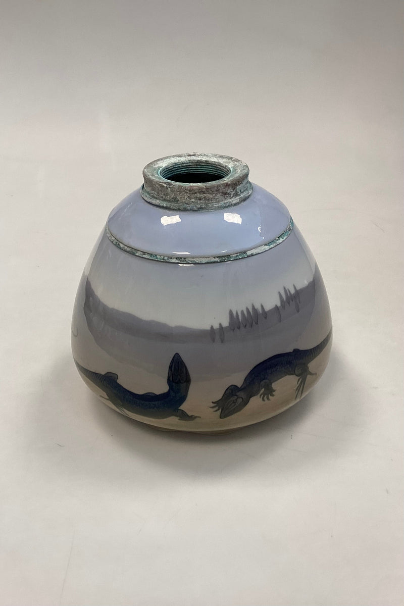 Royal Copenhagen Unika Vase af Anne Fribert med sydlandsk landskab og firben