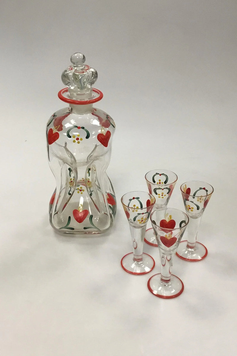 Holmegaard Klukflaske med 4 tilhørende snapseglas