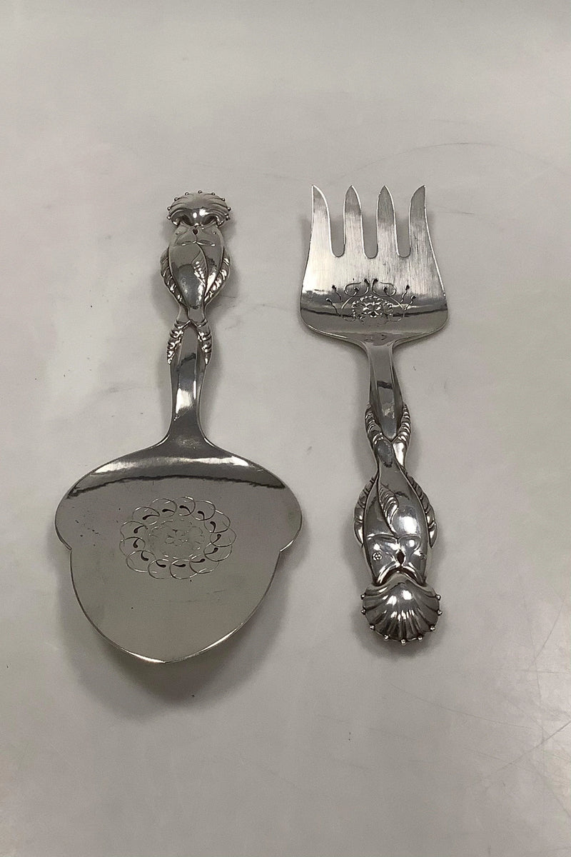 Georg Jensen Sølv Ornamental Fiske Serveringsgaffel og spade  No 55