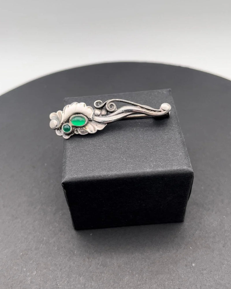 Georg Jensen Sterling Sølv Broche med Grønne Sten No. 185