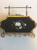 Old writing set ?. Made of brass and polished slate with floral decoration of colored stones.