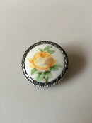 Royal Copenhagen Porcelain Button in Silver Mounting with Yellow Rose Decoration.