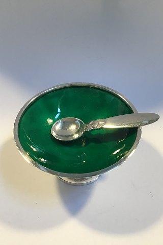 Georg Jensen Sterling Sølv Kaktus Saltkar(Grøn emalje) No 629 A samt Saltske