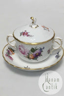 Royal Copenhagen Fuld Saksisk Blomst Bouillon Kop, låg og underkop No 1552