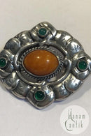 Danish Silver Grann and Laglye Brooch with Amber and Chrysopras