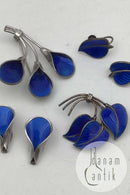 J Tostrup, Norway Sterling Silver Enamel Jewelry Set (Brooch + Earrings)
