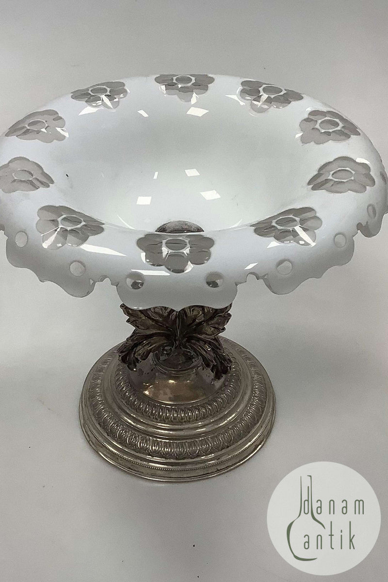 Antik Glas opsats med sølv bund i klar og hvidt glas