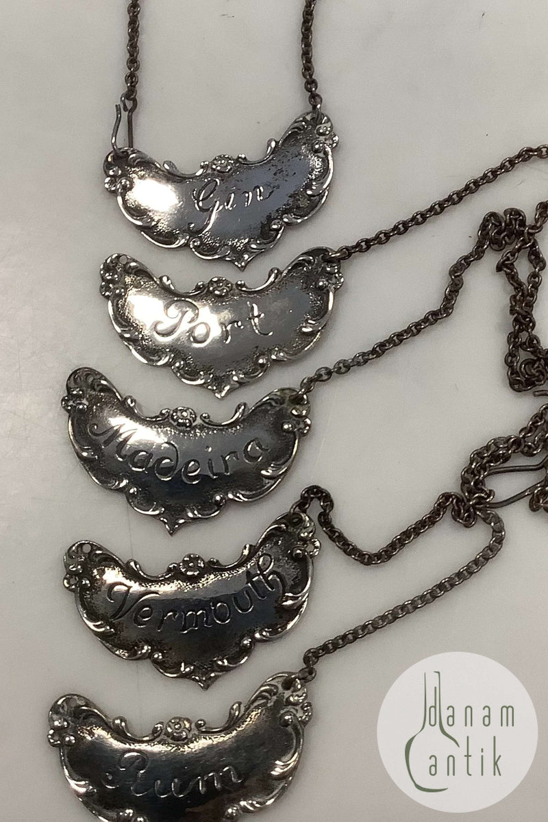 5 x Sølv Flaskemærker rum, port, gin, vermouth, Madeira