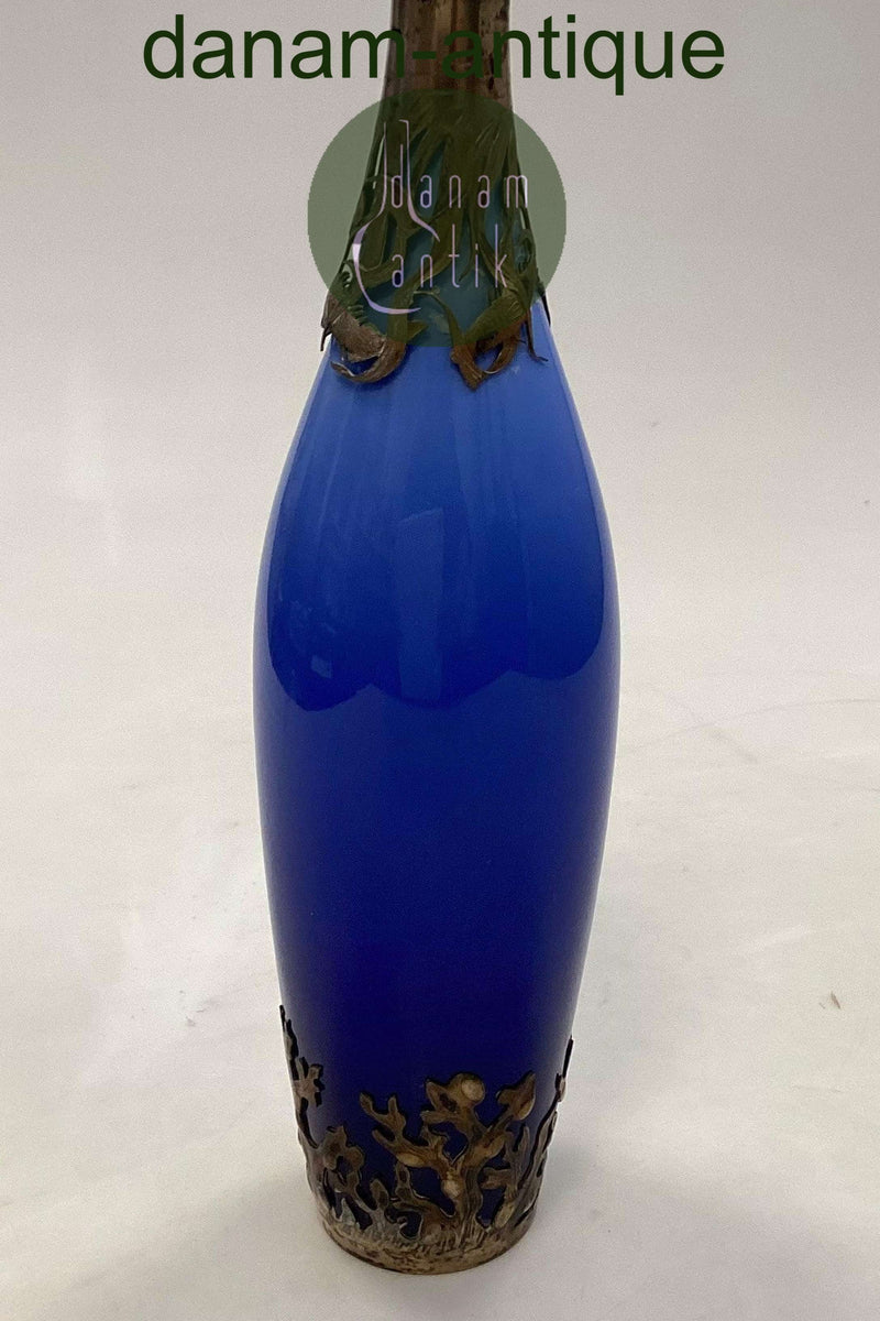 Bing & Grøndahl/Royal Copenhagen Blå vase med Sølv Montering med fisk fra Dragsted Sølvsmedie