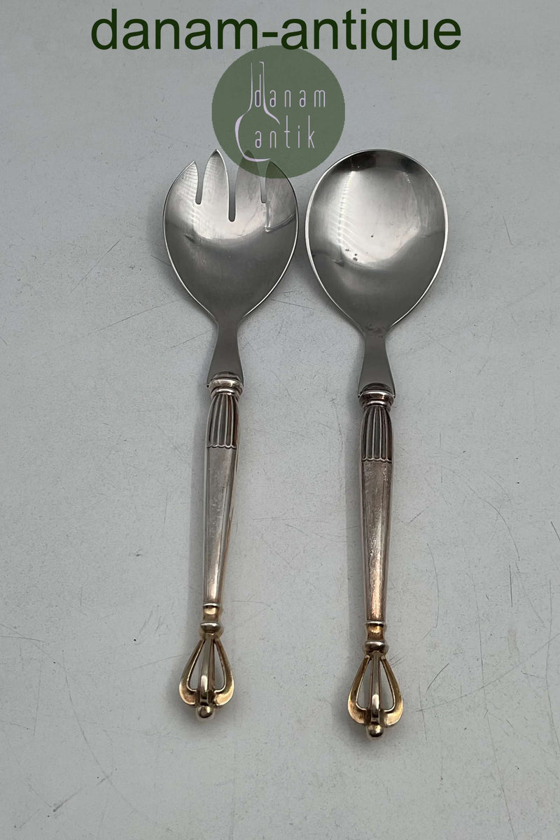 W. & S. Sørensen Sterling Sølv og Stainless Steel Krone Salatsæt