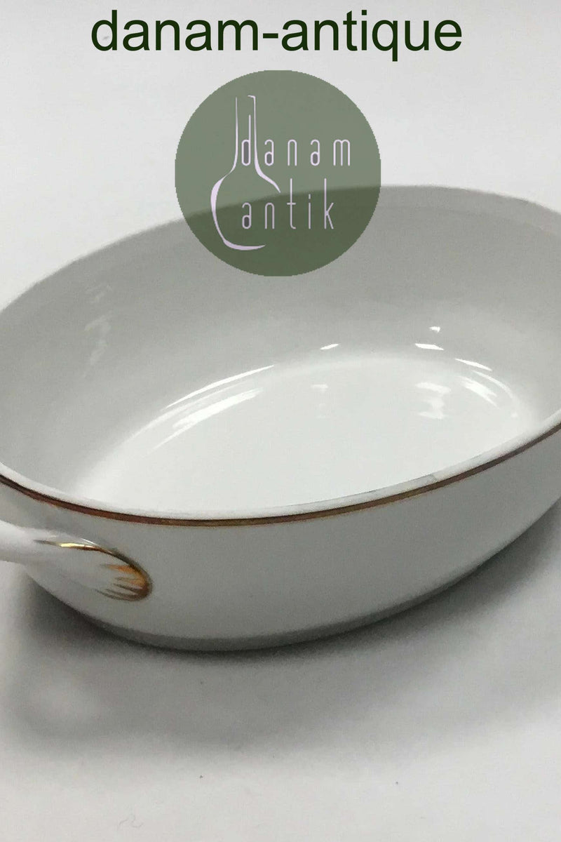 Bing & Grøndahl Hvidt glat stel med guldkant Oval skål No 312