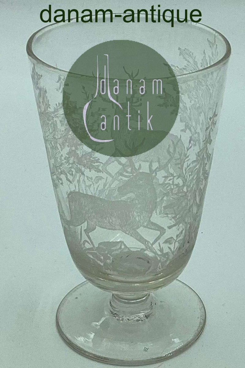 Toddyglas fra Kastrup Glasværk: Glas med hjortmotiv ca. 1910