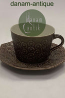 Bing und Grondahl Kronjyden Braun Umbra Azur Kaffeetasse mit achteckiger Untertasse