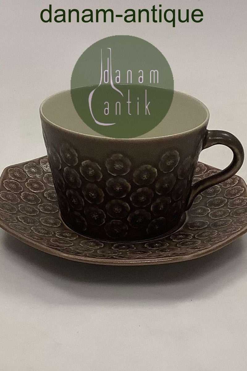 Bing und Grondahl Kronjyden Braun Umbra Azur Kaffeetasse mit achteckiger Untertasse