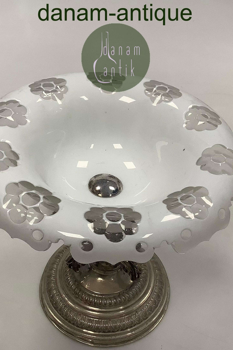 Antik Glas opsats med sølv bund i klar og hvidt glas