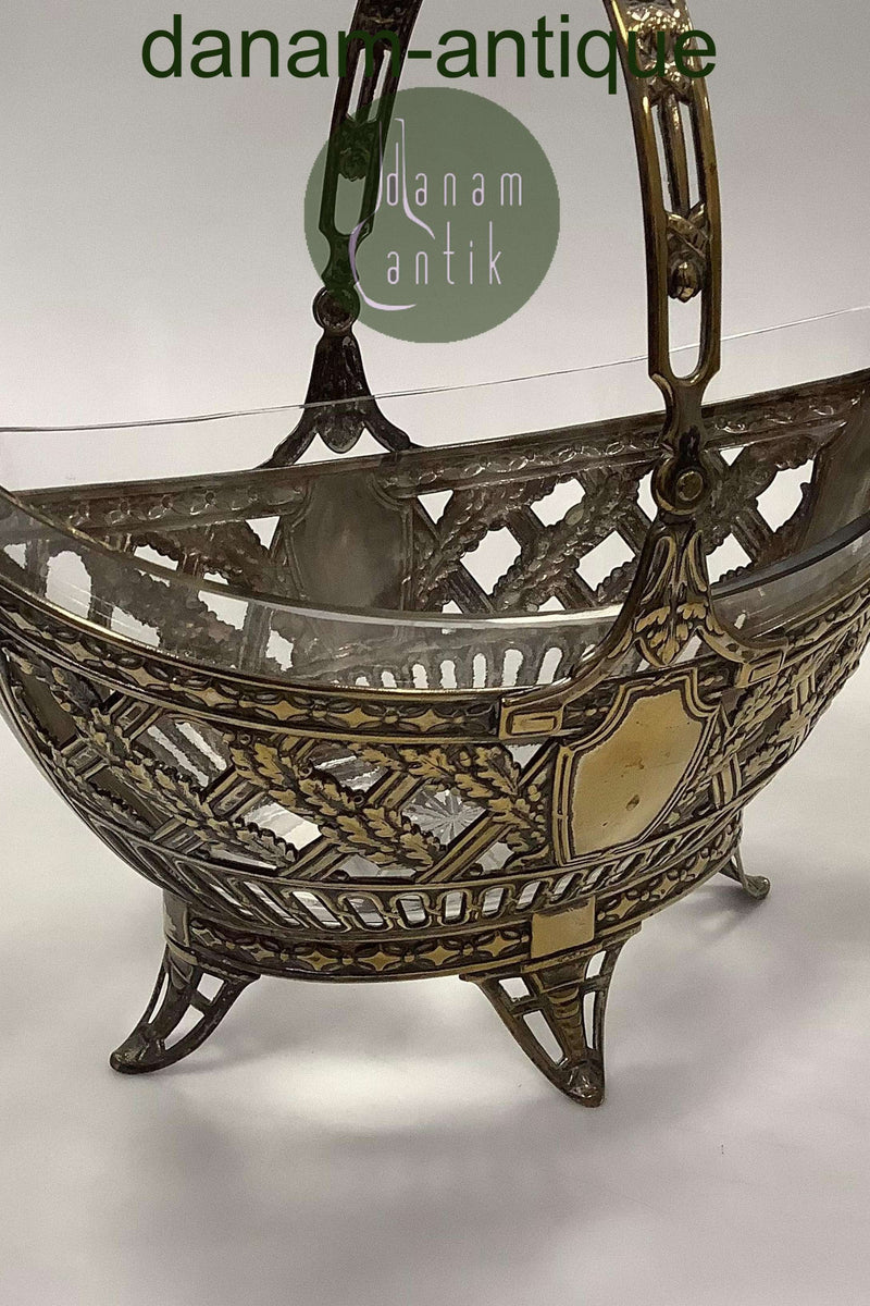 Messing skål med håndtag og glas indsats