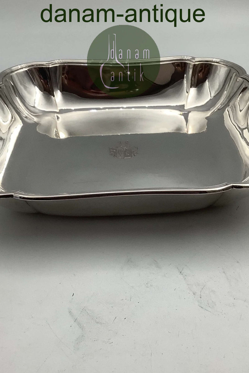 A. Dragsted Sølv firkantet skål fra 1911 med våbenskjold