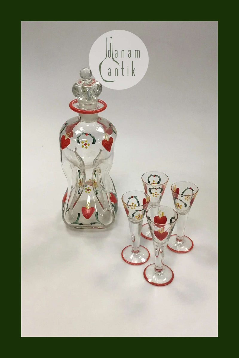 Holmegaard Klukflaske med 4 tilhørende snapseglas