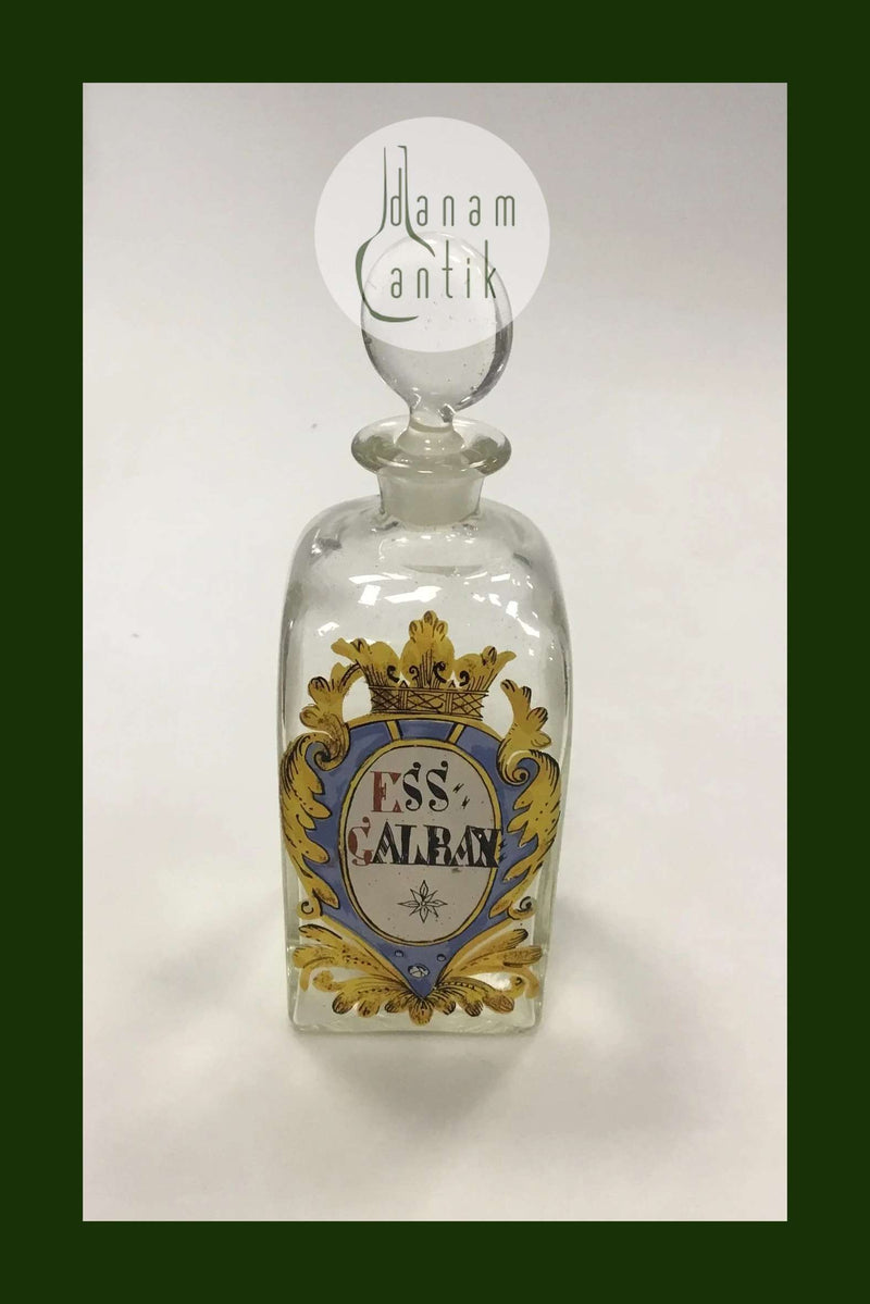 Holmegaard Apotekerflasken, krukke med tekst ESS GALBAN fra 1993