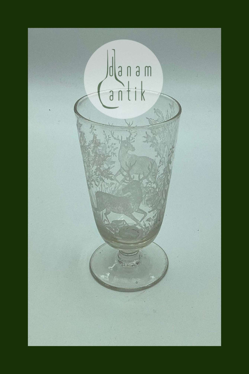 Toddyglas fra Kastrup Glasværk: Glas med hjortmotiv ca. 1910