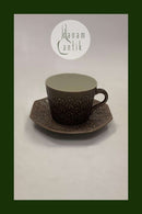 Bing und Grondahl Kronjyden Braun Umbra Azur Kaffeetasse mit achteckiger Untertasse