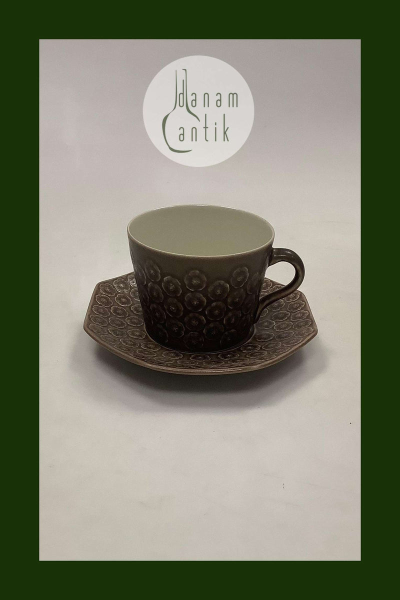 Bing und Grondahl Kronjyden Braun Umbra Azur Kaffeetasse mit achteckiger Untertasse