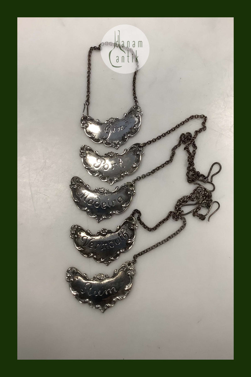 5 x Sølv Flaskemærker rum, port, gin, vermouth, Madeira