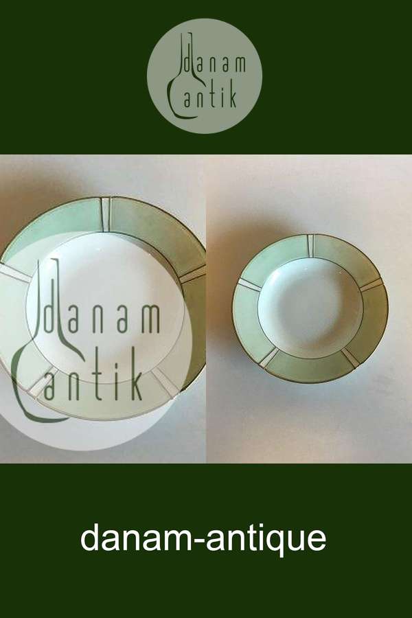 Bing & Grøndahl Dyb Tallerken No 22 Stel med grøn dekoration med guld på form 507(Herregaard)  Dyb Tallerken No 22