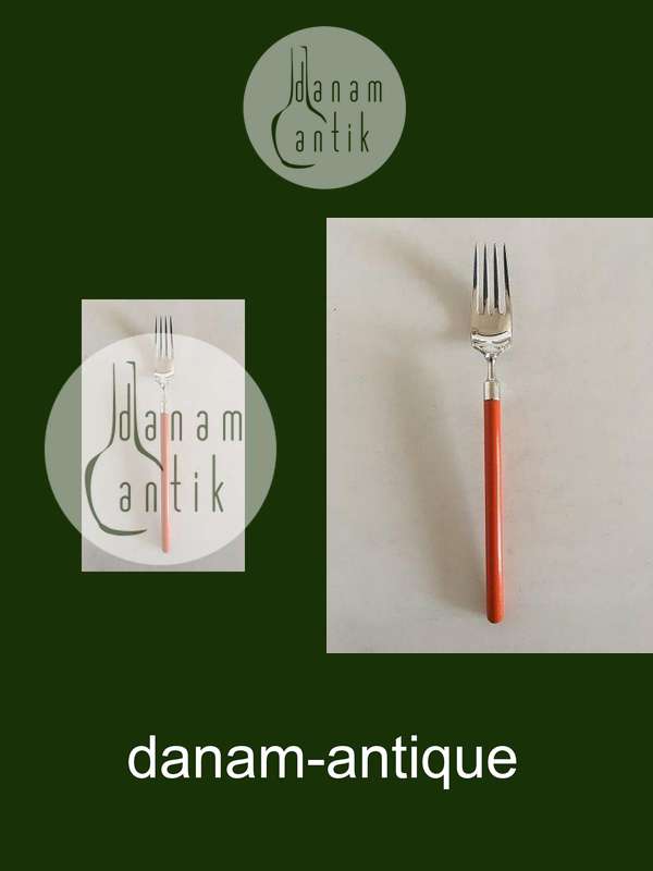 Hans Hansen Amalie Spisegaffel i Sølv med Orange Emalje Håndtag