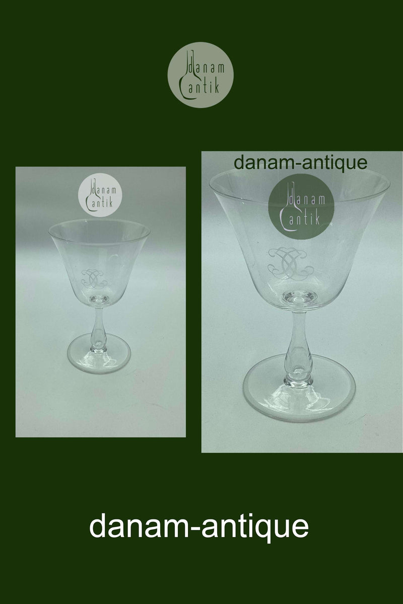 Wine glass with monogram on bell-shaped bowl and hollow stem c. 1930-1