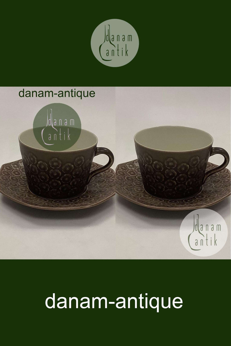 Bing und Grondahl Kronjyden Braun Umbra Azur Kaffeetasse mit achteckiger Untertasse