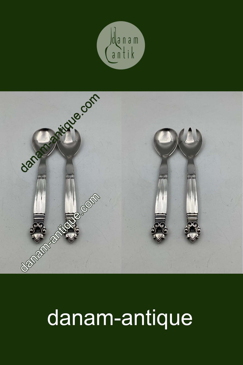 Georg Jensen Sterling Sølv og Rustfrit Stål Lille Salatsæt Konge