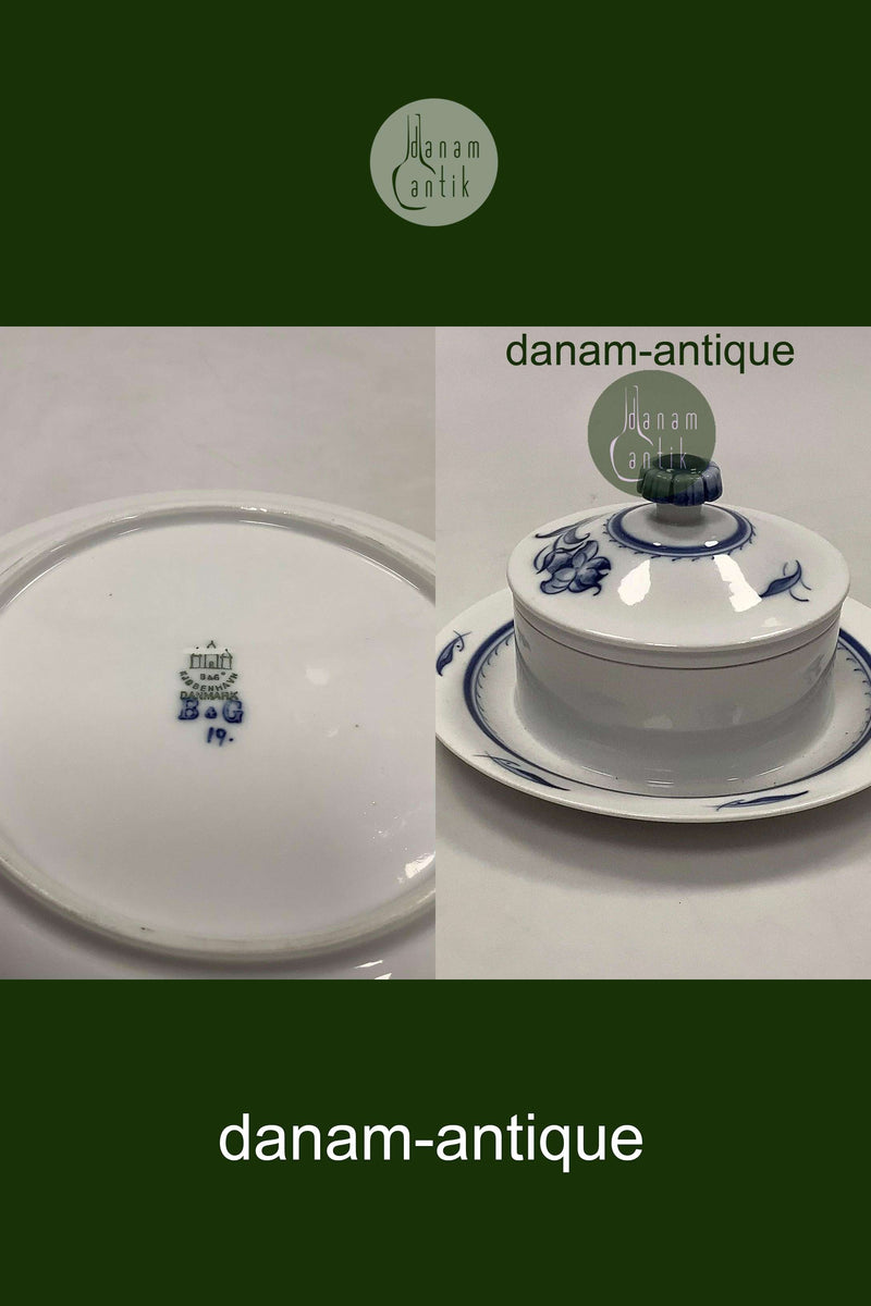 Bing og Grøndahl Jubilæumsstel / Blå Nellike Smørskål med låg