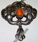 Danish Art Nouveau Brooch with Ambor and Green Stones