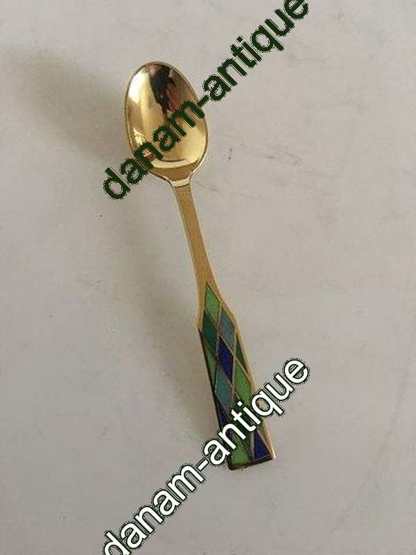 Georg Jensen Harlequin Kaffeske i Forgyldt Sterling Sølv med Grøn Emalje.