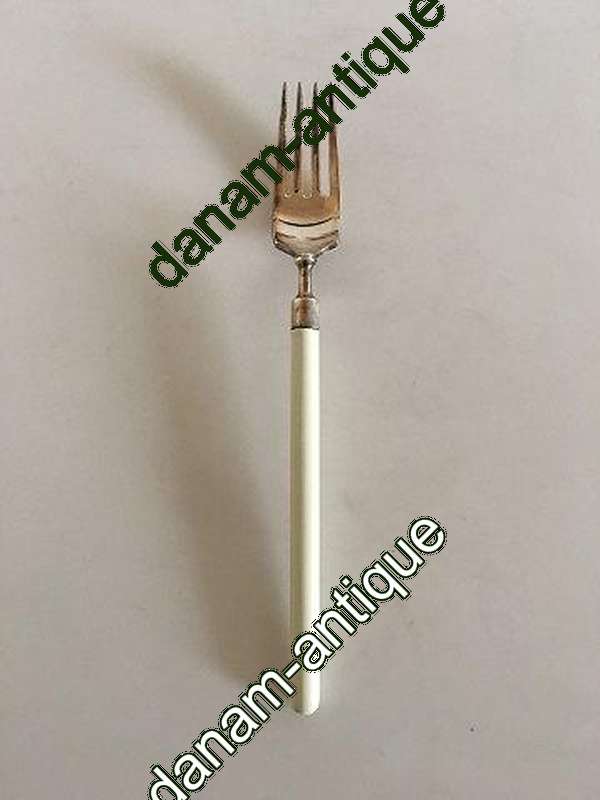 Hans Hansen Amalie Sølv Spise Gaffel med Hvidt Emalje Håndtag