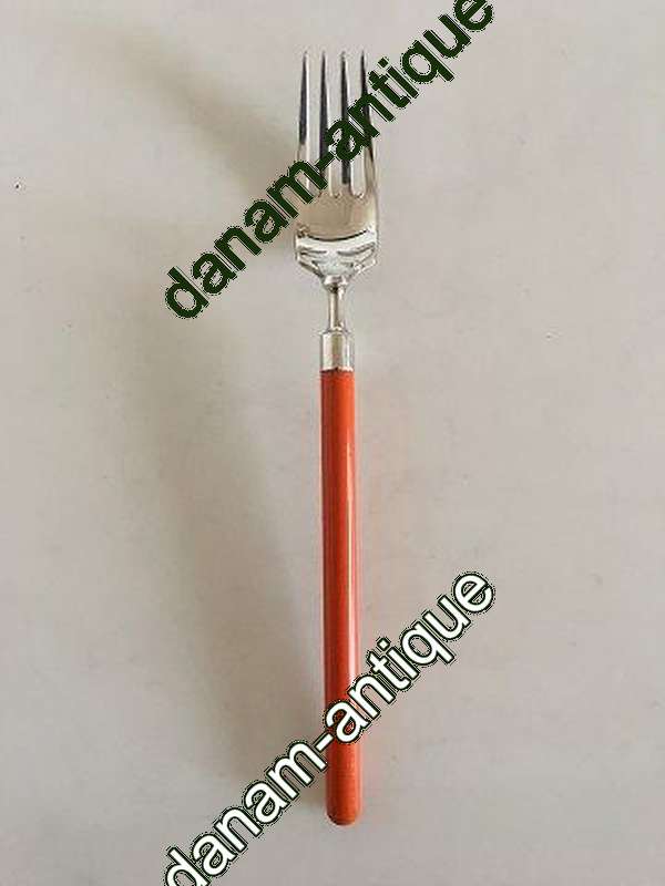 Hans Hansen Amalie Spisegaffel i Sølv med Orange Emalje Håndtag