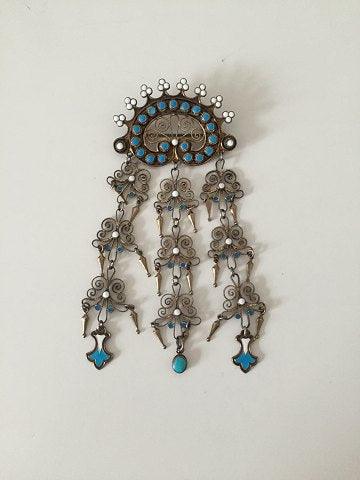 Marius Hammer Art Nouveau sterling sølv broche med emalje, Norge. - Danam Antik