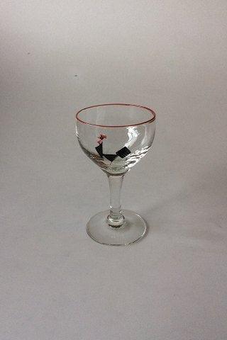 Holmegaard Likørglas dekoreret med sort hane og rød rand. - Danam Antik