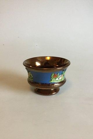Engelsk kobber lustre sukker skål med farverigt relief. Keramik - Danam Antik