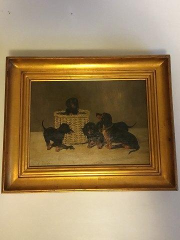 Maleri, olie på lærred i guldramme, af gravhunde. Signeret A. Ritzau 1916 - Danam Antik