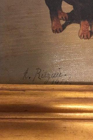 Maleri, olie på lærred i guldramme, af gravhunde. Signeret A. Ritzau 1916 - Danam Antik