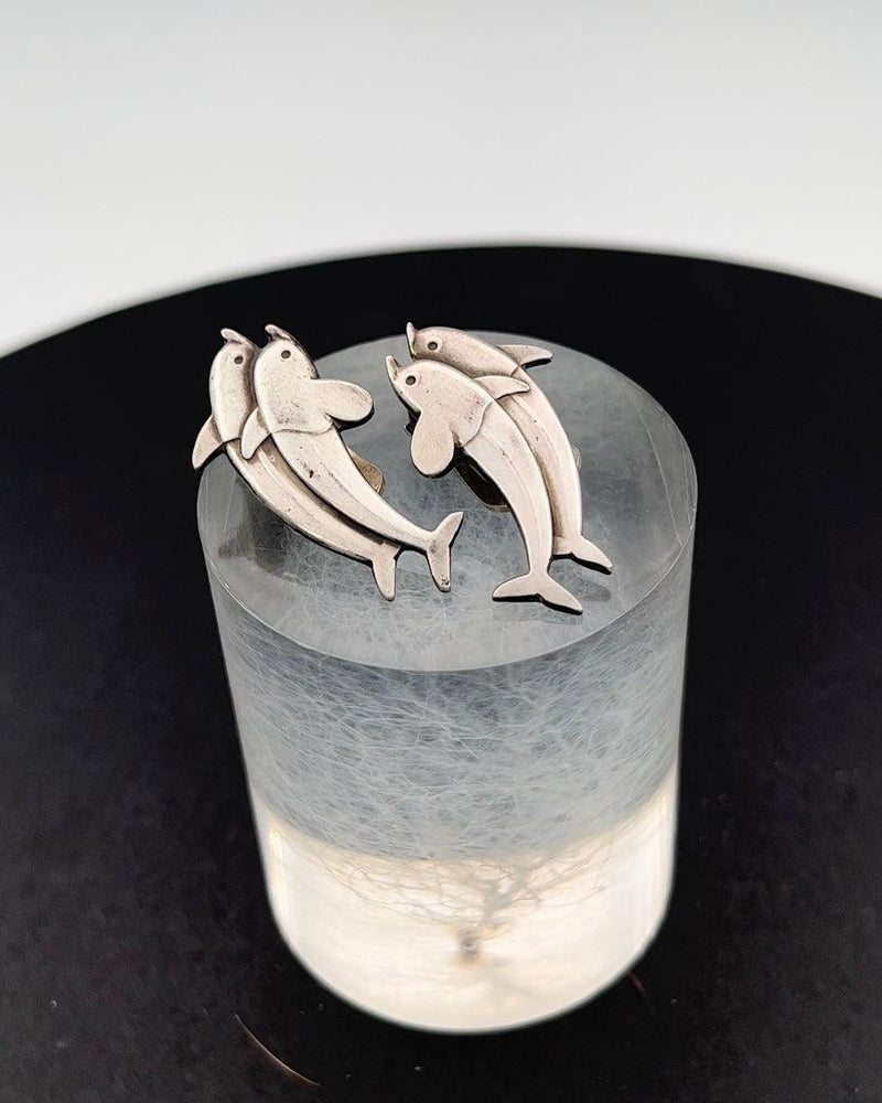 Georg Jensen Sterling Sølv Øreklip med Delfiner No 129 - Danam Antik